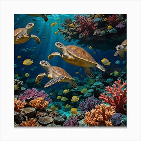 Sea Turtles On Coral Reef Canvas Print