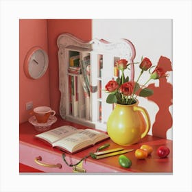 Table With Books And Flowers Canvas Print