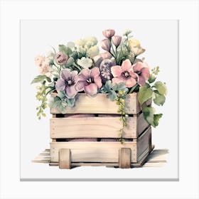Watercolor Flowers In A Wooden Crate Canvas Print