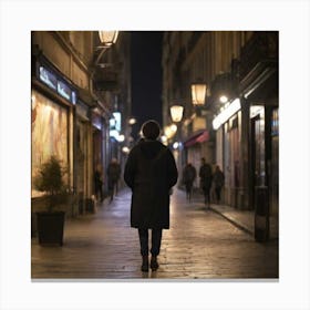Man Walking Down A Street At Night Canvas Print