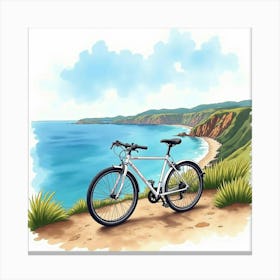 Elegant Bike On A Cliffside With Ocean Views Watercolor Painting 1 Canvas Print