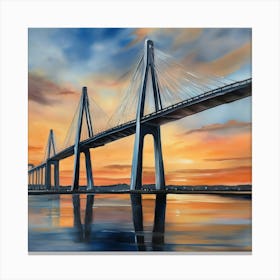 Sunset over the Arthur Ravenel Jr. Bridge in Charleston. Blue water and sunset reflections on the water. Oil colors.9 Canvas Print