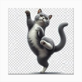 A gray and white cat with its left paw in the air and its right paw on the ground, with its tail sticking straight up in the air as it seems to be dancing Canvas Print