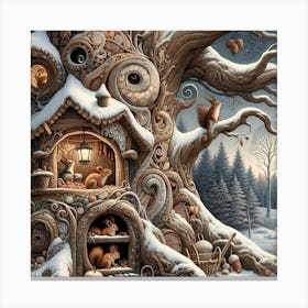 Squirrel's Winter Life Inspired by William Morris Canvas Print