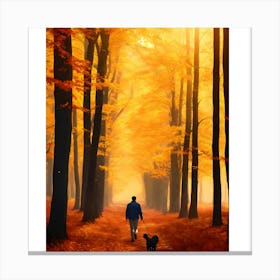 Man Walking His Dog In The Forest Canvas Print