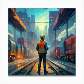 Worker With Tablet Looking At Train Tracks In Futuristic City Canvas Print