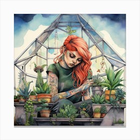 Red Head Greenhouse Girl And Plants Watercolour Canvas Print
