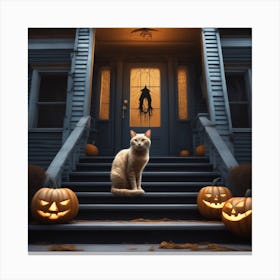 Halloween Cat In Front Of House 20 Canvas Print