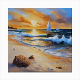Oil painting design on canvas. Sandy beach rocks. Waves. Sailboat. Seagulls. The sun before sunset.7 Canvas Print