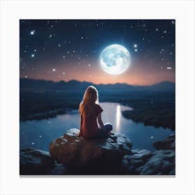 Girl Looking At The Moon Canvas Print