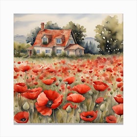 Watercolor Of A House With Poppies 1 Canvas Print
