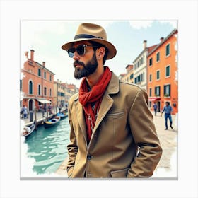 Stylish Italian Man In Watercolor, Attending A Lively Cultural Festival In Venice Canvas Print