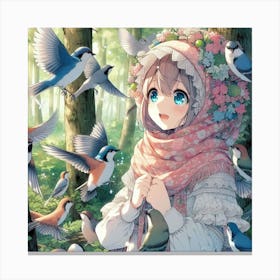 Girl Surrounded By Birds Canvas Print