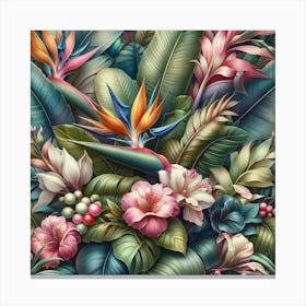 Pattern of tropical leaves and flowers Canvas Print