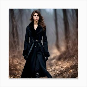 Woman In Black Coat In The Woods Canvas Print