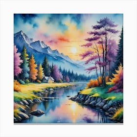 Sunset By The River The Luminous Heart of Mountain Serenity Canvas Print