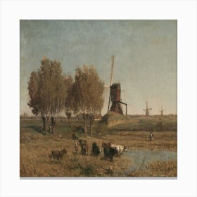 Windmills And Cattle Canvas Print