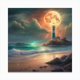 Lighthouse At Night Landscape Canvas Print