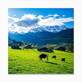 Alpine Pastoral Landscape Cows Grazing On Lush Green Slopes Snow Capped Mountains In The Distance (6) Canvas Print