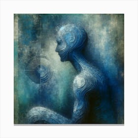 Title: "Contemplation in Blue"  Description: "Contemplation in Blue" is an abstract representation of a human profile in varying shades of blue, with swirling patterns suggesting depth and complexity. This piece conveys introspection and the intricate layers of the mind, ideal for spaces that inspire thought and creativity. Its textured appearance and cool palette evoke calmness, suitable for a tranquil retreat or a modern office. Canvas Print