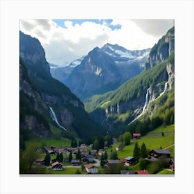 Lauterbrunnen Valley of Switzerland, With Cliffs And Waterfall Canvas Print