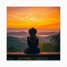 Woman In Black Hat Sitting Alone On A Wooden Balcony Overlooking A Hill Dotted Landscape Trees Al (6) Canvas Print