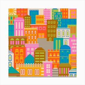 CITY LIGHTS BY DAY Vintage Travel Poster Square Layout with Geometric Architecture Buildings in Bright Rainbow Colours Orange Yellow Pink Green Blue Brown Cream on Cream Canvas Print
