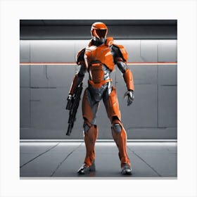 A Futuristic Warrior Stands Tall, His Gleaming Suit And Orange Visor Commanding Attention 1 Canvas Print