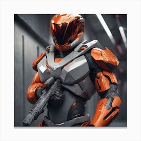 A Futuristic Warrior Stands Tall, His Gleaming Suit And Orange Visor Commanding Attention 2 Canvas Print