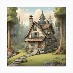 A Little House In The Woods Cartoon Drawing Art Print 0 Canvas Print