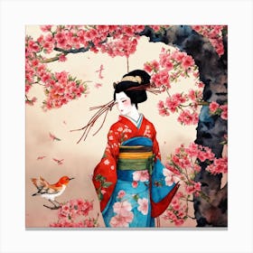 Japanese Botanical And Geisha Art Print 2 Canvas Print