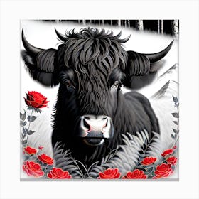 Black Bull With Roses Canvas Print