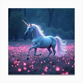 Majestic Unicorn Galloping Through A Field Of Magical, Bioluminescent Flowers 1 Canvas Print