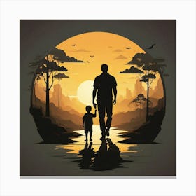 Father And Son Walking At Sunset Art Painting Canvas Print