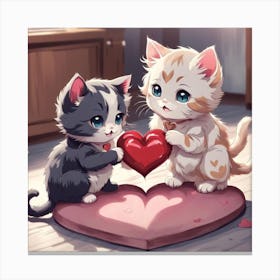 Two Kittens Holding A Heart Canvas Print