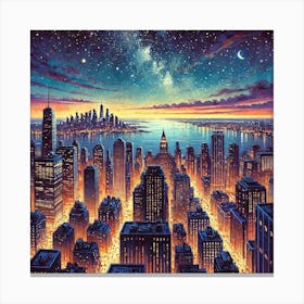 Guache Night Sky From The Perspective Of A High Rise Building Overlooking The City Skyline.AI Canvas Print