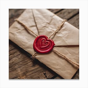 A vintage envelope secured with a red wax seal in the shape of a heart lies on a rustic wooden table Canvas Print