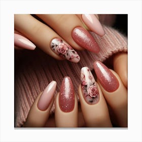 Pink Nails With Roses Canvas Print