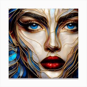Portrait Of A Woman's Face In Closeup - A Stained Glass Effect In Multi Colors, Blue Eyes And Red Lips Creates A Vibrant Look. Canvas Print