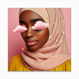 A beautiful young woman of color wearing a hijab and has clouds over her eyes. The background is pink, and there are stars on her hijab. She is wearing a yellow shirt. The image is soft and dreamy. Canvas Print