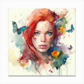 Watercolor Floral Red Hair Woman #8 Canvas Print