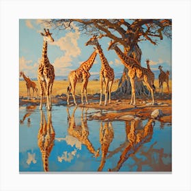 Herd Of Giraffes Reflection In The Lake Canvas Print