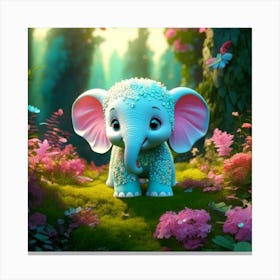 Firefly 3d, Animated, Cute, Little, Round, Turquoise, Elephant, Baby, Forest, Pink Flowers, Whimsica (2) Canvas Print