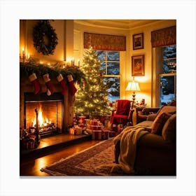 A Cozy Winter Evening By A Roaring Fireplace An Ornately Decorated Christmas Tree Situated In The C (2) Canvas Print