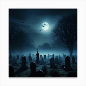 Full Moon Casting An Eerie Glow Over A Cemetery Gravestones Crooked With Names Worn By Time Mist C (2) Canvas Print