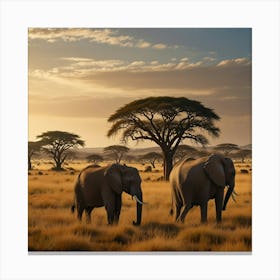 A Sunlit Savanna With Acacia Trees, Golden Grasslands, And A Herd Of Elephants Canvas Print