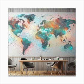 Colorful World: A Graphic Art Print of a World Map with Dots and Lines Canvas Print