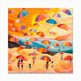 Umbrellas On The Beach, Naïve Folk Canvas Print