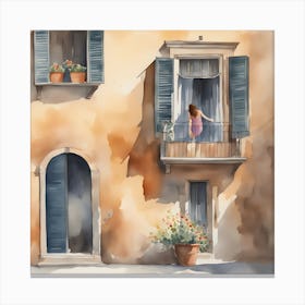 Watercolor Of A Girl On Balcony Canvas Print