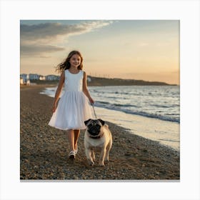 Little Girl With Pug On The Beach Canvas Print